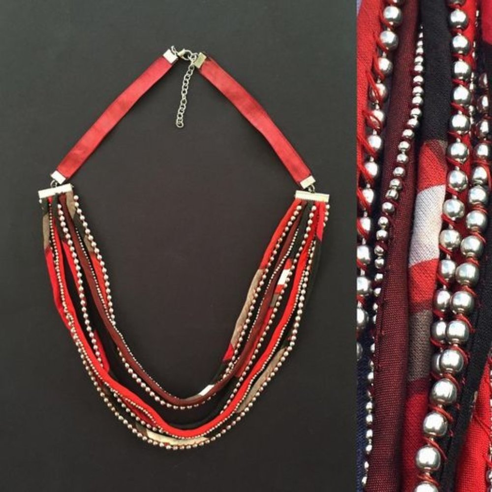 Red and Browns Multi-String Cloth & Metallic Beaded Necklace